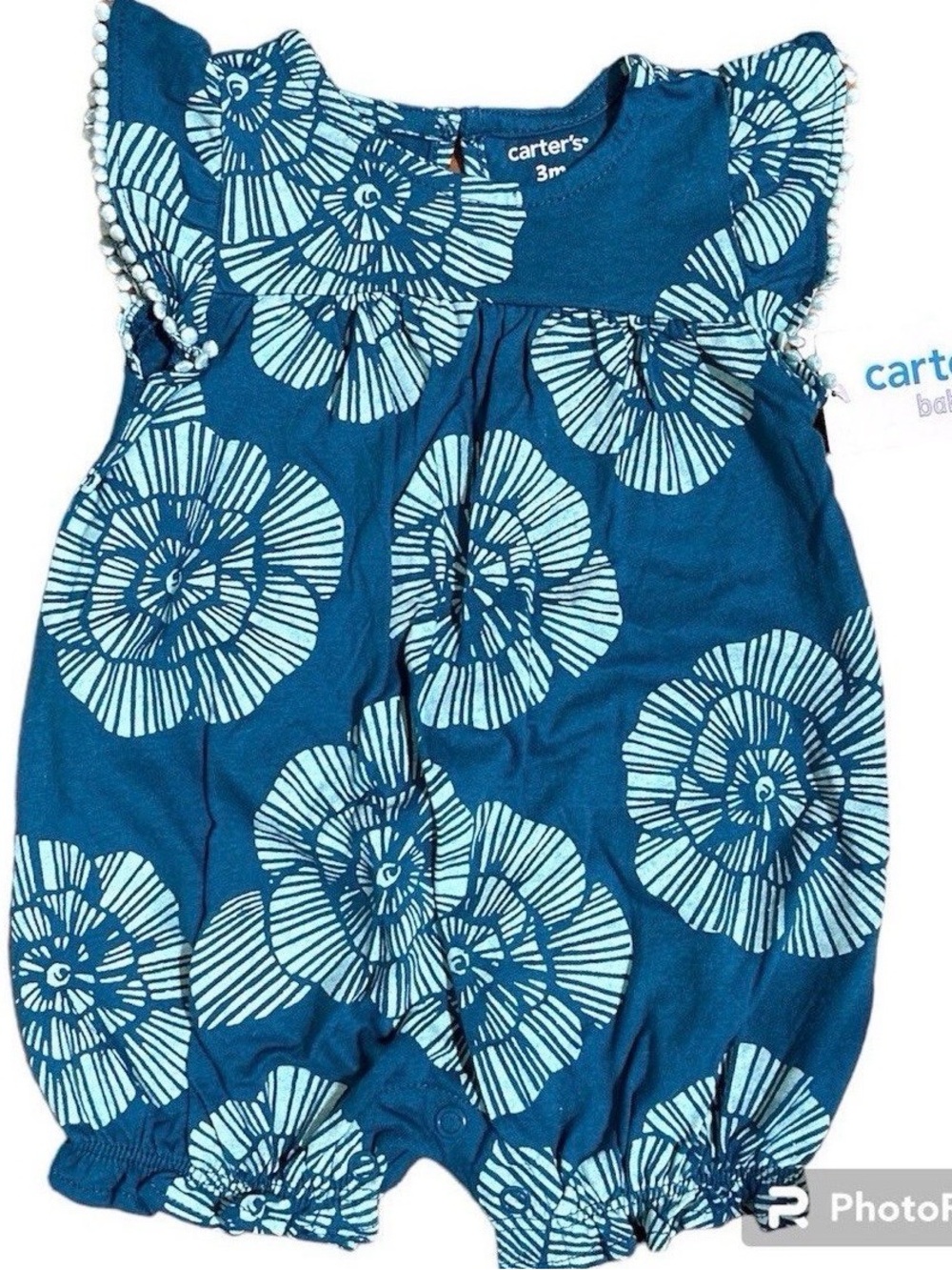Carter's Baby Girl Teal Blue Floral Pom Pom Flutter Sleeve Romper Size 3M NWT